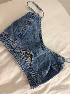 Denim Studded Crop Top - Blue